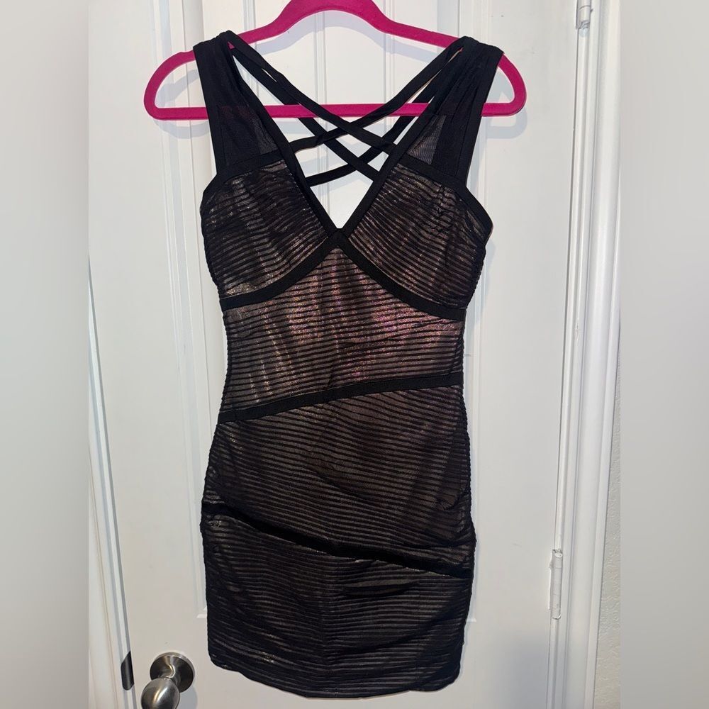 BCBGMaxAzria Black and gold Strappy Dress ballet core whimsygoth mob wife goth